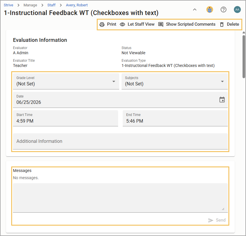 An editable evaluation document template, including settings such as Print, Let Staff View, a message box, and more.